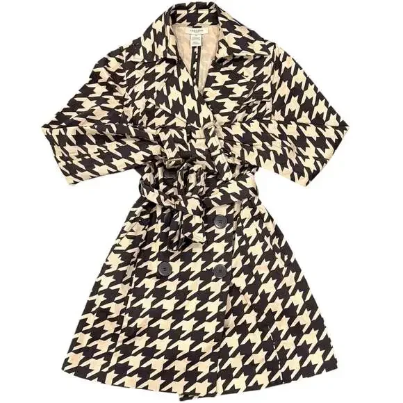 Women’s Vertigo Paris Tan and Brown Houndstooth Belted Trench Coat Sz xs - Picture 1 of 6